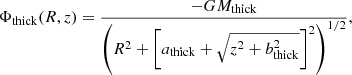 Mathematical equation: $$ \begin{aligned} \Phi _{\rm thick}(R,z)&=\frac{-GM_{\rm thick}}{\left(R^2+\left[a_{\rm thick}+\sqrt{z^2+b_{\rm thick}^2}\right]^2\right)^{1/2}}, \end{aligned} $$