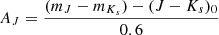 Mathematical equation: $$ \begin{aligned} A_J = \frac{(m_J-m_{K_s})-(J - K_s)_0}{0.6} \end{aligned} $$