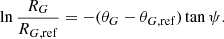 Mathematical equation: $$ \begin{aligned} \ln \frac{R_G}{R_{G,\mathrm{ref}}} = -(\theta _G-\theta _{G, \mathrm{ref}})\tan \psi .\end{aligned} $$