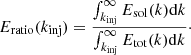 Mathematical equation: $$ \begin{aligned} E_{\rm ratio}(k_{\rm inj})=\frac{\int _{k_{\rm inj}}^{\infty }E_{\rm sol}(k)\mathrm{d}k}{\int _{k_{\rm inj}}^{\infty }E_{\rm tot}(k)\mathrm{d}k}\cdot \end{aligned} $$