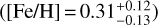 Mathematical equation: $\left( {\left[ {{\rm{Fe/H}}} \right] = 0.31_{ - 0.13}^{ + 0.12}} \right)$