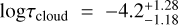 Mathematical equation: $\log {\tau _{{\rm{cloud}}}} = - 4.2_{ - 1.18}^{ + 1.28}$