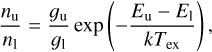 Mathematical equation: ${{{n_{\rm{u}}}} \over {{n_{\rm{l}}}}} = {{{g_{\rm{u}}}} \over {{g_{\rm{l}}}}}\exp \,\left( { - {{{E_{\rm{u}}} - {E_{\rm{l}}}} \over {k{T_{{\rm{ex}}}}}}} \right),$