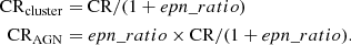 Mathematical equation: $$ \begin{aligned} \mathrm{CR}_{\mathrm{cluster} }&= \mathrm{CR}/(1+epn\_ratio )\nonumber \\ \mathrm{CR}_{\mathrm{AGN} }&= epn\_ratio \times \mathrm{CR}/(1+epn\_ratio ). \end{aligned} $$