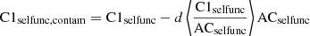 Mathematical equation: $$ \begin{aligned} \mathrm{C1}_{\rm selfunc,contam} = \mathrm{C1}_{\rm selfunc} - d \left\langle \frac{\mathrm{C1}_{\rm selfunc}}{\mathrm{AC}_{\rm selfunc}}\right\rangle \mathrm{AC}_{\rm selfunc} \end{aligned} $$
