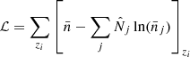 Mathematical equation: $$ \begin{aligned} \mathcal{L} = \sum _{z_i} \left[\bar{n} - \sum _j \hat{N}_j \ln (\bar{n}_j)\right]_{z_i} \end{aligned} $$