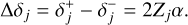 Mathematical equation: ${\rm{\Delta }}{\delta _j} = \delta _j^ + - \delta _j^ - = 2{Z_j}\alpha .$