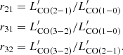 Mathematical equation: $$ \begin{aligned} \begin{aligned} r_{21}&= L^{\prime }_{\mathrm{CO(2-1)} }/L^{\prime }_{\mathrm{CO(1-0)} }\\ r_{31}&= L^{\prime }_{\mathrm{CO(3-2)} }/L^{\prime }_{\mathrm{CO(1-0)} }\\ r_{32}&= L^{\prime }_{\mathrm{CO(3-2)} }/L^{\prime }_{\mathrm{CO(2-1)} }. \end{aligned} \end{aligned} $$