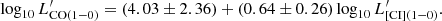 Mathematical equation: $$ \begin{aligned} \mathrm{log}_{10}\,L^\prime _{\mathrm{CO(1-0)}} = (4.03\pm 2.36)+(0.64\pm 0.26)\, \mathrm{log}_{10}\,L^\prime _{\mathrm{[CI](1-0)}}. \end{aligned} $$