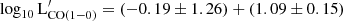 Mathematical equation: $ \rm{log}_{10}\,L^\prime_{{\rm CO(1-0)}} = (-0.19\pm1.26)+(1.09\pm0.15) $