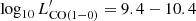 Mathematical equation: $ \log_{10} L^\prime_{\mathrm{CO(1-0)}} = 9.4-10.4 $