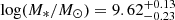 Mathematical equation: $ {\log (M_*/M_\odot) = 9.62^{+0.13}_{-0.23}} $