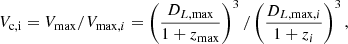 Mathematical equation: $$ \begin{aligned} V_{\rm c,i} = V_{\rm max} / V_{\mathrm{max}, i} = \left( \frac{D_{L, \mathrm {max}}}{1+z_{\rm max}}\right) ^3 / \left( \frac{D_{L, \mathrm {max}, i}}{1+z_i}\right) ^3{,} \end{aligned} $$
