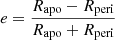 Mathematical equation: $ e = \frac{R_{\mathrm{apo}} - R_{\mathrm{peri}}}{R_{\mathrm{apo}} + R_{\mathrm{peri}}} $