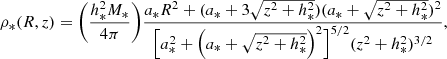 Mathematical equation: $$ \begin{aligned} \rho _{*}(R,z) = \Bigg (\frac{h_{*}^2M_{*}}{4\pi }\Bigg )\frac{a_{*}R^2 + (a_{*} + 3\sqrt{z^2 + h_{*}^2})(a_{*} + \sqrt{z^2 + h_{*}^2})^2}{\Big [a_{*}^2 + \Big (a_{*} + \sqrt{z^2 + h_{*}^2}\Big )^2\Big ]^{5/2} (z^2 + h_{*}^2)^{3/2}} ,\end{aligned} $$