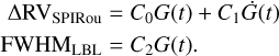 Mathematical equation: $\matrix{ {{\rm{\Delta R}}{{\rm{V}}_{{\rm{SPI}}{{\rm{R}}_{{\rm{ou}}}}}} = {C_0}G\left( t \right) + {C_1}\dot G\left( t \right)} \hfill \cr {{\rm{FWH}}{{\rm{M}}_{{\rm{LBL}}}} = {C_2}G\left( t \right).} \hfill \cr }$