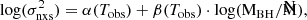 Mathematical equation: $$ \begin{aligned} \log (\sigma ^2_{\rm nxs}) = \alpha (T_{\rm obs}) +\beta (T_{\rm obs})\cdot \mathrm{\log (M_{\rm BH}/\bar{\rm M})}, \end{aligned} $$