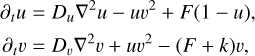 Mathematical equation: $\matrix{ {{\partial _t}u = {D_u}{\nabla ^2}u - u{\upsilon ^2} + F\left( {1 - u} \right),} \cr {{\partial _t}u = {D_\upsilon }{\nabla ^2}\upsilon + u{\upsilon ^2} - \left( {F + k} \right)\upsilon ,} \cr } $