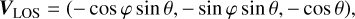 Mathematical equation: ${{\bf{V}}_{{\rm{LOS}}}} = \left( { - {\rm{cos}}\,\varphi \,{\rm{sin}}\,\theta , - {\rm{sin}}\,\varphi \,{\rm{sin}}\,\theta , - {\rm{cos}}\,\theta } \right),$