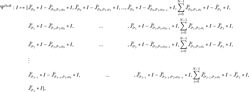 Mathematical equation: $\matrix{ {{{\rm{\Psi }}^{DoB}}\, \vdots \,I\, \mapsto \,\left[ {\tilde J_{{{\tilde \sigma }_0}}^r\, * I\, - \,\tilde J_{{{\tilde \sigma }_0},{{\tilde \sigma }_1},{\alpha _0}}^e\, * I,\tilde J_{{{\tilde \sigma }_0}}^r\, * I\, - \,\tilde J_{{{\tilde \sigma }_0},{{\tilde \sigma }_1},{\alpha _1}}^e\, * I,\, \ldots ,\tilde J_{{{\tilde \sigma }_0}}^r\, * I\, - \,\tilde J_{{{\tilde \sigma }_0},{{\tilde \sigma }_1},{\alpha _{N - 1}}}^e\, * I,\,\sum\limits_{i = 0}^{N - 1} {\tilde J_{{{\tilde \sigma }_0},{{\tilde \sigma }_1},{\alpha _i}}^e} \, * I\, - \,\tilde J_{{{\tilde \sigma }_1}}^r} \right.\, * I,} \hfill \cr {\matrix{ {\quad \quad \quad \quad \,\,\,\,\,\,\,\,\tilde J_{{{\tilde \sigma }_1}}^r\, * I\, - \,\tilde J_{{{\tilde \sigma }_1},{{\tilde \sigma }_2},{\alpha _0}}^e\, * I,} \hfill &amp; \ldots \hfill &amp; {,\tilde J_{{{\tilde \sigma }_1}}^r\, * I\, - \,\tilde J_{{{\tilde \sigma }_1},{{\tilde \sigma }_2},{\alpha _{N - 1}}}^e\, * I,\sum\limits_{i = 0}^{N - 1} {\tilde J_{{{\tilde \sigma }_1},{{\tilde \sigma }_2},{\alpha _i}}^e\, * I\, - \,\tilde J_{{{\tilde \sigma }_2}}^r\, * I,} } \hfill \cr {\quad \quad \quad \quad \,\,\,\,\,\,\,\,\tilde J_{{{\tilde \sigma }_2}}^r\, * I\, - \,\tilde J_{{{\tilde \sigma }_2},{{\tilde \sigma }_3},{\alpha _0}}^e\, * I,} \hfill &amp; \ldots \hfill &amp; {,\tilde J_{{{\tilde \sigma }_2}}^r\, * I\, - \,\tilde J_{{{\tilde \sigma }_2},{{\tilde \sigma }_3},{\alpha _{N - 1}}}^e\, * I,\sum\limits_{i = 0}^{N - 1} {\tilde J_{{{\tilde \sigma }_2},{{\tilde \sigma }_3},{\alpha _i}}^e\, * I\, - \,\tilde J_{{{\tilde \sigma }_3}}^r\, * I,} } \hfill \cr {\quad \quad \quad \quad \,\,\,\,\,\,\,\,\, \vdots } \hfill &amp; {} \hfill &amp; {} \hfill \cr {\quad \quad \quad \quad \,\,\,\,\,\,\,\,\tilde J_{{{\tilde \sigma }_{J - 1}}}^r\, * I\, - \,\tilde J_{{{\tilde \sigma }_{J - 1}},{{\tilde \sigma }_J},{\alpha _0}}^e\, * I,} \hfill &amp; {\quad \ldots } \hfill &amp; {\tilde J_{{{\tilde \sigma }_{J - 1}}}^r\, * I\, - \,\tilde J_{{{\tilde \sigma }_{J - 1}},{{\tilde \sigma }_J},{\alpha _{N - 1}}}^e\, * I,\sum\limits_{i = 0}^{N - 1} {\tilde J_{{{\tilde \sigma }_{J - 1}},{{\tilde \sigma }_J},{\alpha _i}}^e * I\, - \,\tilde J_{{{\tilde \sigma }_J}}^r\, * I,} } \hfill \cr {\left. {\quad \quad \quad \quad \,\,\,\,\,\,\,\,\tilde J_{{{\tilde \sigma }_J}}^r\, * I} \right].} \hfill &amp; {} \hfill &amp; {} \hfill \cr } } \hfill \cr } $