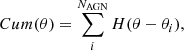 Mathematical equation: $$ \begin{aligned} Cum(\theta ) = \sum _{i}^{N_{\rm AGN}} H(\theta -\theta _i), \end{aligned} $$