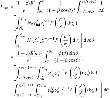 Mathematical equation: $$ \begin{aligned} E_{\rm iso}&\propto \frac{(1+z) B^{\prime }}{\gamma ^{3}} \int _{\theta _{1}}^{\theta _{2}} \frac{1}{(1-\beta \cos \theta )^{3}} \int _{\nu _{1}/(1+z)}^{\nu _{2}/(1+z)} \frac{1}{\Delta \theta } \nonumber \\&\quad \left[\int _{\gamma ^{\prime }_{\rm {m}}}^{\gamma ^{\prime }_{\rm {inj}}} N_{\theta } \gamma ^{\prime }_{\rm {inj}} \gamma ^{\prime -2}_{\rm {e}} F\left(\frac{\nu ^{\prime }}{\nu _{\rm {c}}^{\prime }}\right) \mathrm{d} \gamma ^{\prime }_{\rm {e}} + \right. \nonumber \\&\quad \left.\int _{\gamma ^{\prime }_{\rm {inj}}}^{\gamma ^{\prime }_{\rm {max}}} N_{\theta } \gamma ^{\prime p}_{\rm {inj}} \gamma ^{\prime -p-1}_{\rm {e}} F\left(\frac{\nu ^{\prime }}{\nu _{\rm {c}}^{\prime }}\right) \mathrm{d} \gamma ^{\prime }_{\rm {e}} \right] \mathrm{d} \nu \mathrm{d} \theta \\&\propto \frac{(1+z) B^{\prime } m_{\rm {sh}}}{\gamma ^{3}} \int _{\theta _{1}}^{\theta _{2}} \frac{\phi (\theta ) \sin \theta }{(1-\beta \cos \theta )^{3}}\nonumber \\&\quad \left[\int _{\nu _{1}/(1+z)}^{\nu _{2}/(1+z)} \int _{\gamma ^{\prime }_{\rm {m}}}^{\gamma ^{\prime }_{\rm {inj}}} \gamma ^{\prime }_{\rm {inj}} \gamma ^{\prime -2}_{\rm {e}} F\left(\frac{\nu ^{\prime }}{\nu _{\rm {c}}^{\prime }}\right) \mathrm{d} \gamma ^{\prime }_{\rm {e}} \mathrm{d} \nu + \right.\nonumber \\&\quad \left.\int _{\nu _{1}/(1+z)}^{\nu _{2}/(1+z)} \int _{\gamma ^{\prime }_{\rm {inj}}}^{\gamma ^{\prime }_{\rm {max}}} \gamma ^{\prime p}_{\rm {inj}} \gamma ^{\prime -p-1}_{\rm {e}} F\left(\frac{\nu ^{\prime }}{\nu _{\rm {c}}^{\prime }}\right) \mathrm{d} \gamma ^{\prime }_{\rm {e}} \mathrm{d} \nu \right] \mathrm{d} \theta .\nonumber \end{aligned} $$