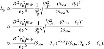 Mathematical equation: $$ \begin{aligned} L_{\rm {p}}&\propto \frac{B^{\prime 2} \gamma ^{\prime 2}_{\rm {inj}} m_{\rm {sh}}}{\mathrm{d} \gamma ^{6}} \frac{1}{\theta _{\rm {p}}^{8}} \sqrt{\frac{\theta _{\rm jet}^{2} - (\theta _{\rm obs}-\theta _{\rm {p}})^{2}}{2 \theta _{\rm obs}\theta _{\rm {p}}}} \nonumber \\&\propto \frac{B^{\prime 2} \gamma ^{\prime 2}_{\rm {inj}} m_{\rm {sh}}}{\mathrm{d} \gamma ^{6}} \frac{1}{\theta _{\rm {p}}^{8.5}} \sqrt{\frac{\theta _{\rm jet}^{2} - (\theta _{\rm obs}-\theta _{\rm {p}})^{2}}{2 \theta _{\rm obs}}} \\&\propto \frac{B^{\prime 2} \gamma ^{\prime 2}_{\rm {inj}} m_{\rm {sh}}}{\mathrm{d} \gamma ^{6}} (\theta _{\rm obs}-\theta _{\rm jet})^{-8.5} I(\theta _{\rm obs},\theta _{\rm jet},\theta =\theta _{\rm {p}}). \nonumber \end{aligned} $$