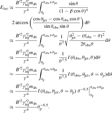 Mathematical equation: $$ \begin{aligned} E_{\rm iso}&\propto \frac{B^{\prime 2} \gamma ^{\prime 2}_{\rm {inj}} m_{\rm {sh}}}{\gamma ^{4}} \int _{\theta _{\rm {p}}}^{\theta _{\rm obs}+\theta _{\rm jet}} \frac{\sin \theta }{(1-\beta \cos \theta )^{4}} \nonumber \\&\quad 2 \arccos \left(\frac{\cos \theta _{\rm jet} -\cos \theta _{\rm obs} \cos \theta }{\sin \theta _{\rm obs} \sin \theta }\right) \mathrm{d} \theta \nonumber \\&\propto \frac{B^{\prime 2} \gamma ^{\prime 2}_{\rm {inj}} m_{\rm {sh}}}{\gamma ^{4}} \int _{\theta _{\rm {p}}}^{\theta _{\rm obs}+\theta _{\rm jet}} \frac{1}{\theta ^{7}} \sqrt{\frac{\theta _{\rm jet}^{2} - (\theta _{\rm obs}-\theta )^{2}}{2 \theta _{\rm obs}\theta }} \mathrm{d} \theta \nonumber \\&\propto \frac{B^{\prime 2} \gamma ^{\prime 2}_{\rm {inj}} m_{\rm {sh}}}{\gamma ^{4}} \int _{\theta _{\rm {p}}}^{\theta _{\rm obs}+\theta _{\rm jet}} \frac{1}{\theta ^{7.5}} I(\theta _{\rm obs},\theta _{\rm jet},\theta ) \mathrm{d} \theta \\&\approx \frac{B^{\prime 2} \gamma ^{\prime 2}_{\rm {inj}} m_{\rm {sh}}}{\gamma ^{4}} \int _{\theta _{\rm {p}}}^{\theta _{\rm obs}+\theta _{\rm jet}} \frac{1}{\theta ^{7.5}} I(\theta _{\rm obs},\theta _{\rm jet},\theta =\theta _{p}) \mathrm{d} \theta \nonumber \\&\propto \frac{B^{\prime 2} \gamma ^{\prime 2}_{\rm {inj}} m_{\rm {sh}}}{\gamma ^{4}} I(\theta _{\rm obs},\theta _{\rm jet},\theta =\theta _{\rm p}) \left.\theta ^{-6.5}\right|_{\theta _{\rm {p}}}^{\theta _{\rm obs}+\theta _{\rm jet}} \nonumber \\&\propto \frac{B^{\prime 2} \gamma ^{\prime 2}_{\rm {inj}} m_{\rm {sh}}}{\gamma ^{4}} \theta _{\rm {p}}^{-6.5}. \nonumber \end{aligned} $$
