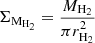 Mathematical equation: $ \Sigma_\mathrm{M_{\mathrm{H_2}}}=\frac{M_{\mathrm{H_2}}}{\pi r_{\mathrm{H_2}}^2} $