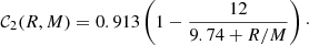 Mathematical equation: $$ \begin{aligned} \mathcal{C} _{2}(R,M)=0.913\left(1-\frac{12}{9.74+R/M}\right)\cdot \end{aligned} $$