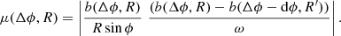 Mathematical equation: $$ \begin{aligned} \mu (\Delta \phi ,R)=\left|\frac{b(\Delta \phi ,R)}{R \sin {\phi }}\,\, \frac{(b(\Delta \phi ,R)-b(\Delta \phi -\mathrm{d}\phi ,R^\prime ))}{\omega }\right|. \end{aligned} $$