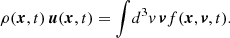 Mathematical equation: $$ \begin{aligned} \rho (\boldsymbol{x}, t)\, \boldsymbol{u}(\boldsymbol{x},t) = \int \!d^3v \, \boldsymbol{v} f(\boldsymbol{x},\boldsymbol{v}, t). \end{aligned} $$
