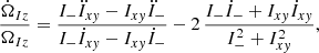 Mathematical equation: $$ \begin{aligned} {\dot{\Omega }_{Iz} \over \Omega _{Iz}} = { I_{-} \ddot{I}_{xy} - I_{xy} \ddot{I}_{-} \over I_{-} \dot{I}_{xy} - I_{xy} \dot{I}_{-} } - 2\, {I_{-} \dot{I}_{-} + I_{xy} \dot{I}_{xy} \over I_{-}^2 + I_{xy}^2 }, \end{aligned} $$