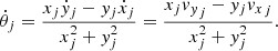 Mathematical equation: $$ \begin{aligned} \dot{\theta }_j = {x_j{\dot{y}}_j - y_j {\dot{x}}_j \over x_j^2+y_j^2} = {x_j{v_y}_j - y_j {v_x}_j \over x_j^2+y_j^2}. \end{aligned} $$