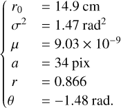 Mathematical equation: $\left\{ {\matrix{ {{r_0}\,\,\,\, = 14.9\,{\rm{cm}}} \hfill \cr {{\sigma ^2}\,\, = 1.47\,{\rm{re}}{{\rm{d}}^2}} \hfill \cr {\mu \,\,\,\, = 9.03 \times {{10}^{ - 9}}} \hfill \cr {a\,\,\,\, = 34\,{\rm{pix}}} \hfill \cr {r\,\,\,\, = 0.866} \hfill \cr {\theta \,\,\, = - 1.48\,{\rm{rad}}{\rm{.}}} \hfill \cr } } \right.$
