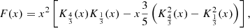 Mathematical equation: $$ \begin{aligned} F(x) = x^2\left[K_{\frac{4}{3}}(x)K_{\frac{1}{3}}(x) - x \frac{3}{5}\left(K^2_{\frac{4}{3}}(x) - K^2_{\frac{1}{3}}(x)\right)\right], \end{aligned} $$