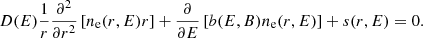 Mathematical equation: $$ \begin{aligned} D(E)\frac{1}{r} \frac{\partial ^2}{\partial r^2}\left[n_{\rm e}(r,E)r\right] + \frac{\partial }{\partial E}\left[b(E,B)n_{\rm e}(r,E)\right] + s(r,E) = 0. \end{aligned} $$