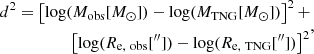 Mathematical equation: $$ \begin{aligned} \begin{aligned} d^{2} = \left[\log (M_{\rm obs}[M_{\odot }])-\log (M_{\rm {TNG}}[M_{\odot }])\right]^2 + \\ \left[\log (R_{\rm e,\,\,obs}[^{\prime \prime }])-\log (R_{\rm e,\,\,\mathrm {TNG}}[^{\prime \prime }])\right]^2 \end{aligned} ,\end{aligned} $$