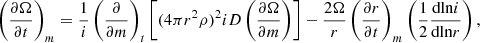 Mathematical equation: $$ \begin{aligned} \left(\frac{\partial \Omega }{\partial t}\right)_m=\frac{1}{i}\left(\frac{\partial }{\partial m}\right)_t \left[(4\pi r^2 \rho )^2iD \left(\frac{\partial \Omega }{\partial m}\right)\right]-\frac{2\Omega }{r}\left(\frac{\partial r}{\partial t}\right)_m\left(\frac{1}{2}\frac{\mathrm{dln}i}{\mathrm{dln}r}\right) , \end{aligned} $$