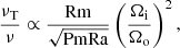 Mathematical equation: $$ \begin{aligned} \frac{\nu _{\rm T}}{\nu } \propto \frac{\mathrm{Rm}}{\sqrt{\mathrm{PmRa}}} \left(\frac{\Omega _{\rm i}}{\Omega _{\rm o}}\right)^{2}, \end{aligned} $$