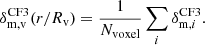 Mathematical equation: $$ \begin{aligned} \delta ^\mathrm{CF3}_{\rm m,v} (r/R_{\rm v}) = \frac{1}{N_{\mathrm{voxel} }} \sum _i \delta ^\mathrm{CF3}_{\mathrm{m},i}. \end{aligned} $$