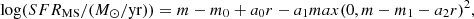 Mathematical equation: $$ \begin{aligned} \log (SFR_{\rm MS}/({M_\odot /\mathrm{yr}})) = m - m_0 + a_0 r -a_1 max(0, m - m_1 - a_2 r)^2, \end{aligned} $$
