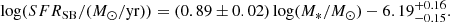 Mathematical equation: $$ \begin{aligned} \log (SFR_{\rm SB}/({M_\odot /\mathrm{yr}})) = (0.89 \pm 0.02)\log (M_*/{M}_\odot )- 6.19^{+0.16}_{-0.15}. \end{aligned} $$