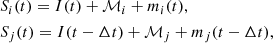 Mathematical equation: $$ \begin{aligned}&S_{i}(t) = I(t) + \mathcal{M} _{i} + m_{i}(t),\nonumber \\&S_{j}(t) = I(t-\Delta t) + \mathcal{M} _{j} + m_{j}(t-\Delta t), \end{aligned} $$