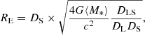 Mathematical equation: $$ \begin{aligned} R_{\rm E} = D_{\mathrm{S} } \times \sqrt{\frac{4G\langle M_*\rangle }{c^2} \frac{D_{\rm LS}}{D_{\rm L}D_{\rm S}}}, \end{aligned} $$
