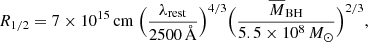 Mathematical equation: $$ \begin{aligned} R_{1/2} = 7\times 10^{15}\,\mathrm{cm}\ \Big (\frac{\lambda _{\rm rest}}{2500\,\AA } \Big )^{4/3}\Big (\frac{\overline{M}_{\rm BH}}{5.5\times 10^8\,M_\odot } \Big )^{2/3}, \end{aligned} $$