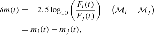 Mathematical equation: $$ \begin{aligned} \delta m (t)&= -2.5 \log _{10}\Bigg (\frac{F_{i}(t)}{F_{j}(t)} \Bigg ) - \left(\mathcal{M} _{i} - \mathcal{M} _{j}\right)\nonumber \\&= m_{i}(t) - m_{j}(t), \end{aligned} $$