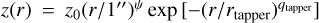Mathematical equation: $z\left( r \right) = {z_0}{\left( {{r \mathord{\left/ {\vphantom {r {1}}} \right. \kern-\nulldelimiterspace} {1}}} \right)^\psi }\exp \left[ { - {{\left( {{r \mathord{\left/ {\vphantom {r {{r_{{\rm{tapper}}}}}}} \right. \kern-\nulldelimiterspace} {{r_{{\rm{tapper}}}}}}} \right)}^{{q_{{\rm{tapper}}}}}}} \right]$