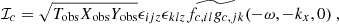 Mathematical equation: $$ \begin{aligned}&\mathcal{I} _c = \sqrt{T_{\rm obs} X_{\rm obs} Y_{\rm obs}} \epsilon _{ijz} \epsilon _{klz} \widetilde{f_{c, il} g_{c, jk}}(-\omega , -k_x, 0)~, \end{aligned} $$
