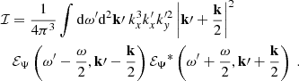 Mathematical equation: $$ \begin{aligned}&\mathcal{I} = \dfrac{1}{4\pi ^3} \displaystyle \int \mathrm{d} \omega ^{\prime } \mathrm{d} ^2\mathbf k \prime ~ k_x^3 k_x^{\prime } k_{ y}^{\prime 2} \left| \mathbf k \prime + \dfrac{\mathbf{k}}{2} \right|^2 \nonumber \\&\quad {\mathcal{E} _\Psi }\left(\omega ^{\prime } - \dfrac{\omega }{2}, \mathbf k \prime - \dfrac{\mathbf{k}}{2} \right) {\mathcal{E} _\Psi }^*\left(\omega ^{\prime } + \dfrac{\omega }{2}, \mathbf k \prime + \dfrac{\mathbf{k}}{2} \right)~. \end{aligned} $$